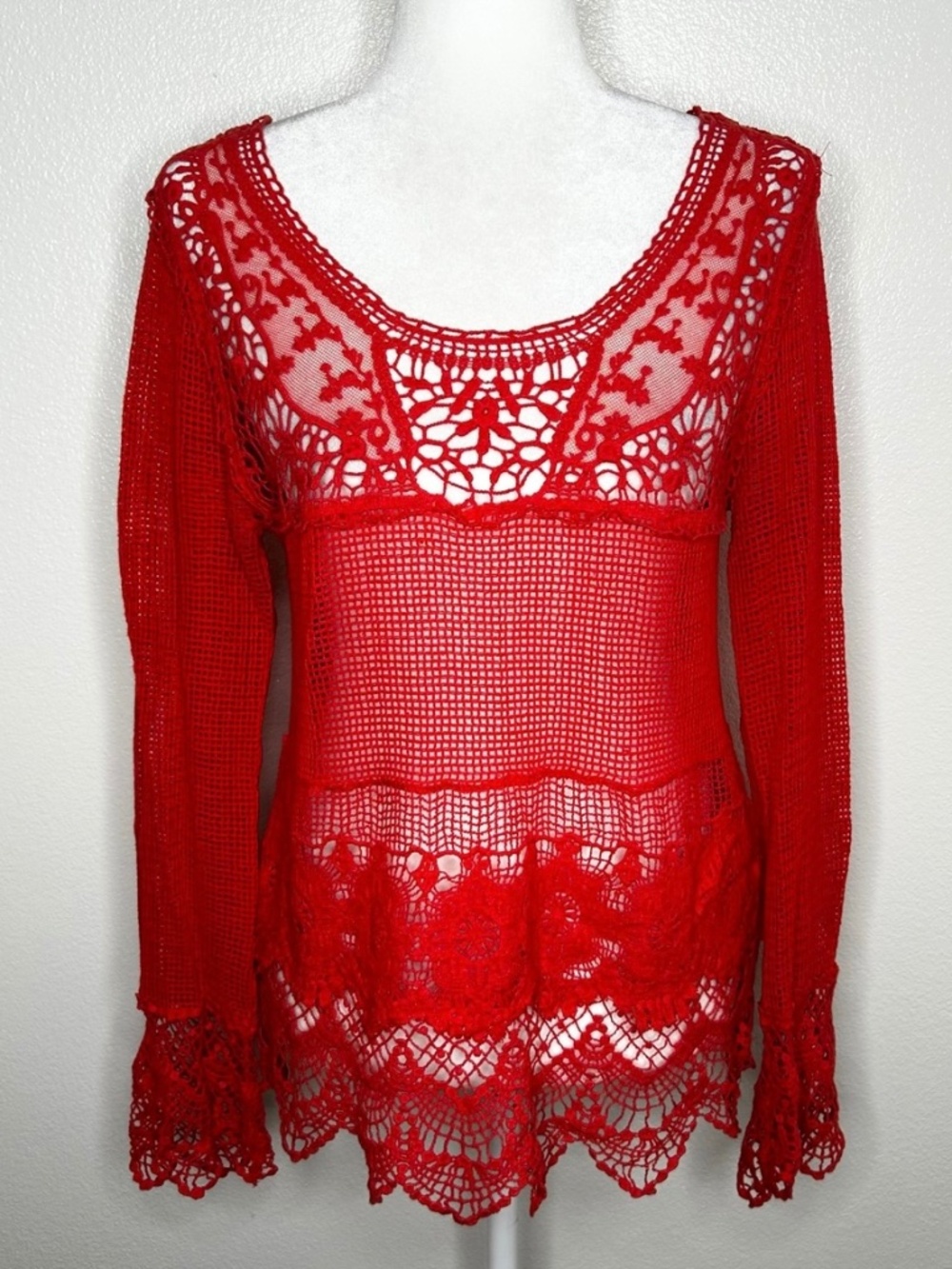 Staring at Stars Urban Outfitters Womens Red Crochet Lace Long Sleeve Top Size S